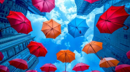 colorful umbrellas floating against a vibrant sky, symbolizing imagination and creativity
