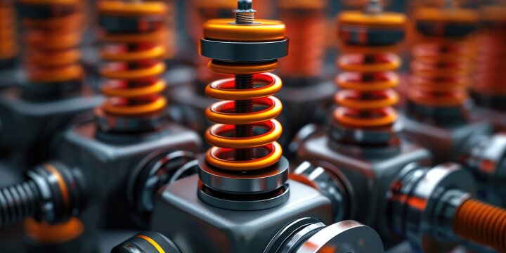 High Voltage Electrical Insulators in a Power Grid. Close-up of electrical insulators with dynamic lighting, showcasing intricate engineering and design in a power grid.