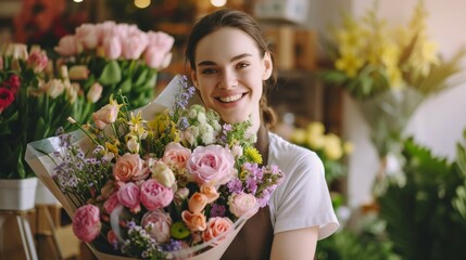 Fototapeta premium young woman, full of life, holding a vibrant flower bouquet, reflecting creativity, kindness, and love.