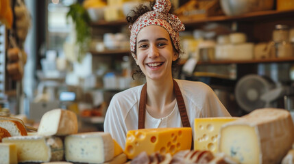 Young, happy woman working as a cheese seller in a cheese shop, presenting tasty cheese delicacies