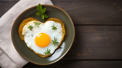 Fried heart-shaped eggs with greens for Valentine's Day on a brown background