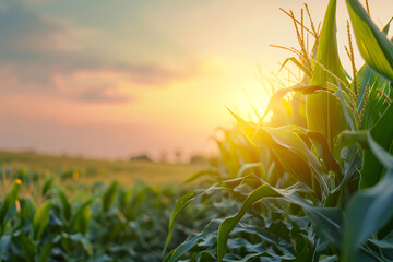 corn field in the morning, with sunlight, ready to be harvested - obrazy, fototapety, plakaty