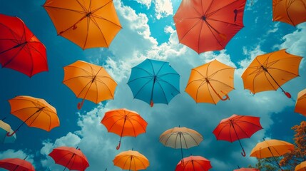 Fototapeta na wymiar colorful umbrellas floating against a vibrant sky, symbolizing imagination and creativity