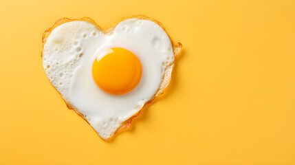 Fried delicious fried egg in the shape of a heart for Valentine's Day on a yellow background - obrazy, fototapety, plakaty