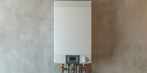 Modern Home Gas Boiler Close-Up. Contemporary home gas boiler control panel with temperature settings, installed in a clean and simple interior.