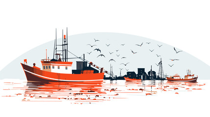 maritime traditions of fishing vessels in a vector scene featuring fishing boats nets and scenes of fishermen engaged in their daily pursuits .simple isolated line styled vector illustration - obrazy, fototapety, plakaty
