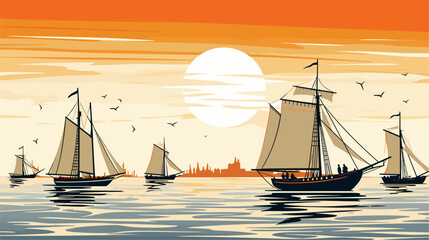 historical charm of sailing ships in a vector scene featuring classic sailboats billowing sails and the timeless allure associated with traditional maritime vessels .simple isolated line styled vector - obrazy, fototapety, plakaty