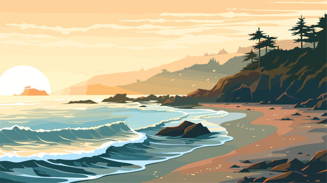 sense of tranquility and escape associated with the sea in a vector scene featuring secluded coves gently lapping waves and stretches of untouched coastline .simple isolated line styled vector