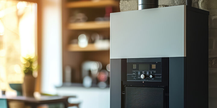 Modern Home Gas Boiler Close-Up. Contemporary home gas boiler control panel with temperature settings, installed in a clean and simple interior.