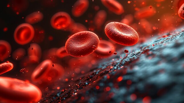 Red Blood Cells Journey: High-Definition Digital Art of Hematology. Immerse yourself in the microscopic majesty of the human bloodstream with this high-definition digital art showcasing red blood cell