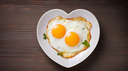 Fried heart-shaped eggs with greens for Valentine's Day on a background