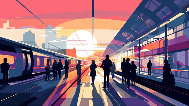 bustling scenes of railway stations in a vector art piece showcasing passengers navigating platforms boarding trains and the lively atmosphere that characterizes transportation hubs .simple isolated