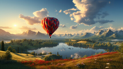 Red hot air balloon in shape of heart is landing