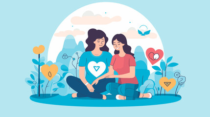 Convey the emotional support and care provided on World Cancer Day in a vector art piece showcasing scenes of healthcare professionals caregivers and individuals offering emotional support to those