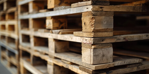 Stacked Wooden Euro Pallets Close-Up. A detailed close-up of stacked Euro pallets used for cargo and freight, textured wood, banner background.