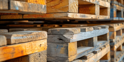 Stacked Wooden Euro Pallets Close-Up. A detailed close-up of stacked Euro pallets used for cargo and freight, textured wood, banner background.