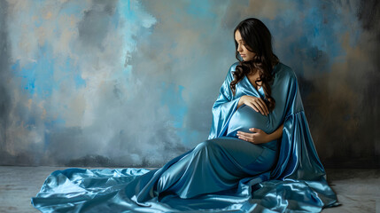 Beautiful pregnant girl with a round belly is expecting a baby in a blue silk dress - obrazy, fototapety, plakaty