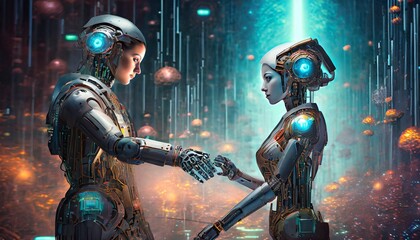 Naklejka premium artificial intelligence robots work in industry 