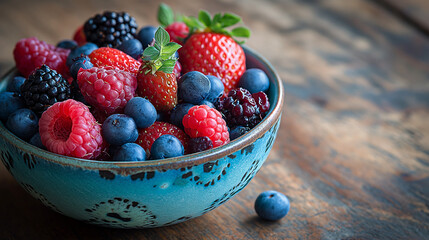 variety of fresh, colorful berries artfully arranged in a decorative bowl on a wooden table, natural lighting, vibrant, high resolution, mouthwatering 
