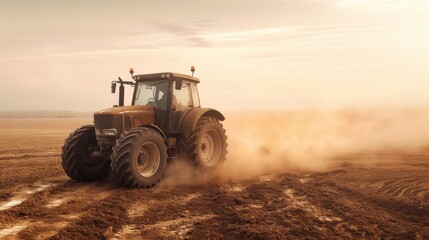 A dust-filled field as a tractor powers through. Agriculture in action.
