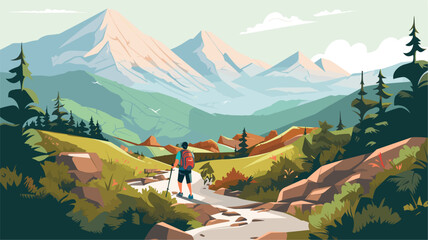 Convey the sense of exploration and discovery in a vector scene featuring hikers exploring uncharted paths crossing meandering streams and ascending to new heights .simple isolated line styled - obrazy, fototapety, plakaty