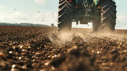 Schilderijen op glas Powerful tractor in action on a dusty field. Get ready for crop planting.  © Infini Craft