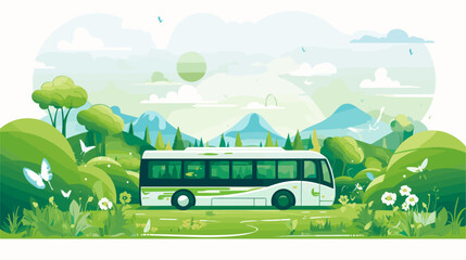 Convey the environmental benefits of bus transportation in a vector art piece showcasing scenes of eco-friendly buses green landscapes and the reduction of carbon footprint associated with public