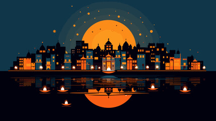 Convey the community celebrations of Deepawali in a vector art piece showcasing scenes of neighborhoods illuminated with diyas communal puja events and the shared joy that permeates through the - obrazy, fototapety, plakaty