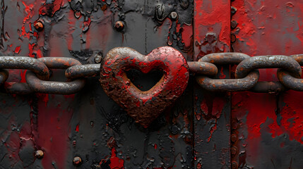 An enduring love, weathered by time, bound by a rusty iron chain and sealed with a red heart lock - obrazy, fototapety, plakaty