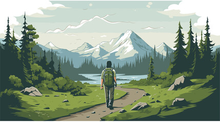 Convey the serenity and mindfulness of hiking in a vector art piece showcasing scenes of hikers amidst peaceful landscapes surrounded by nature's tranquility .simple isolated line styled vector - obrazy, fototapety, plakaty