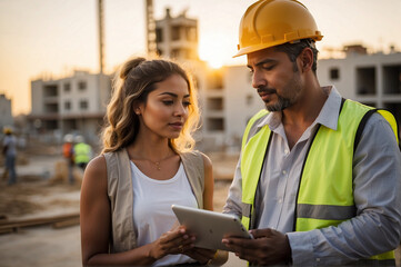 Engineer using tablet and talking to a Hispanic architect at the construction site of a real estate project. Colleagues discussing apartment complex construction plan