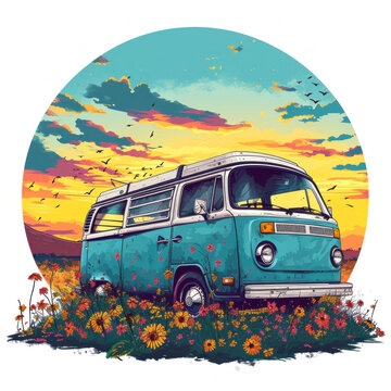 recommend clip art: Illustration about hippie van in the sunset.