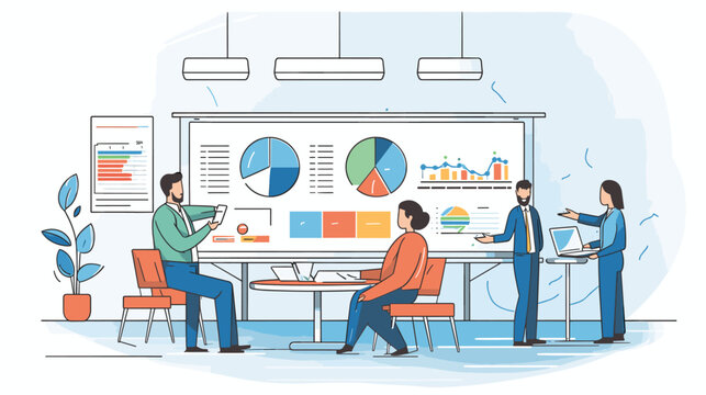 Explore the strategic decision-making of leaders in a vector art piece showcasing scenes of leaders analyzing data weighing options and making informed decisions .simple isolated line styled vector