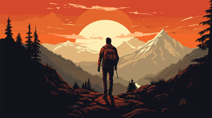 Explore the solitude and introspection of solo hiking in a vector art piece showcasing scenes of individuals trekking alone finding solace and self-reflection amidst nature's vast landscapes .simple - obrazy, fototapety, plakaty