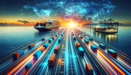 Global trade concept with cargo ships and trains at sunset, featuring a digital world map connection overlay.Tracking of loading and delivery. Logistics solutions in the future.AI generated. - obrazy, fototapety, plakaty