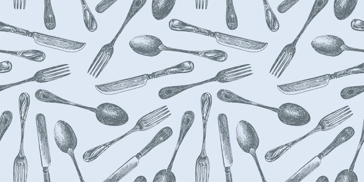 Seamless pattern of different drawn flatware knives and forks, vector background for paper,wrapper