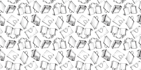 Seamless vector pattern of sketches different paper shopping bags, background for paper,wrapper
