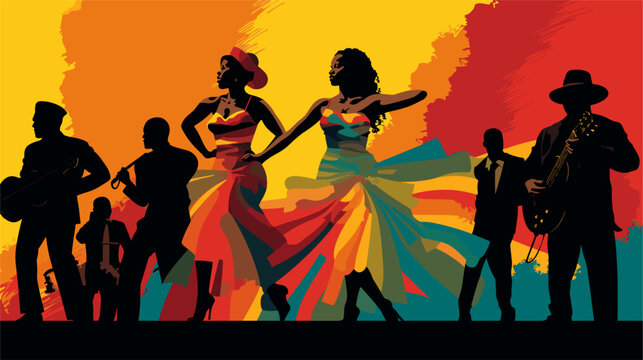 Art of colourful silhouettes of people dancing .simple isolated line styled vector illustration