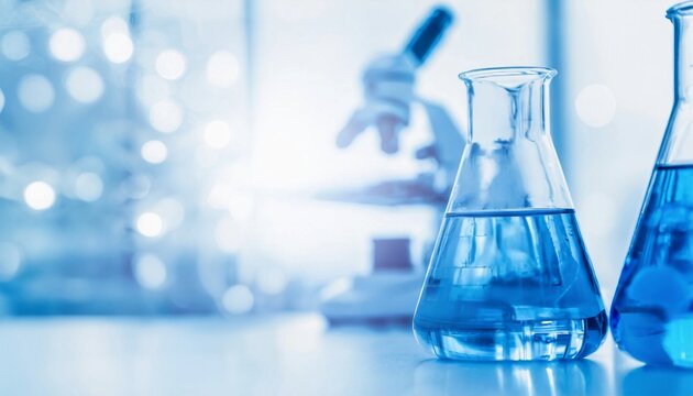 Glassware with blue liquid on table. Modern scientific laboratory
