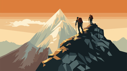 physical challenge and endurance of hiking in a vector scene featuring hikers conquering steep ascents navigating rugged terrains and pushing their limits .simple isolated line styled vector - obrazy, fototapety, plakaty