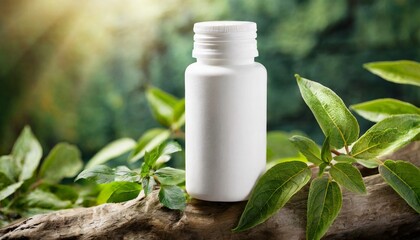 A close up of a white supplement bottle and green leaves. - obrazy, fototapety, plakaty