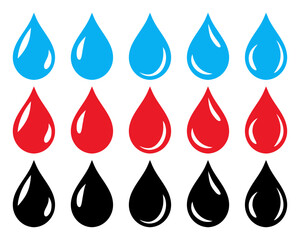 Water, blood and oil drop symbol icon set in blue, red and black color. Set of glossy water, blood and oil drop icon set isolated on white background.