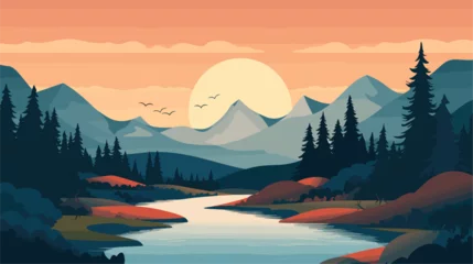 Fotobehang diverse landscapes and natural wonders of our world in a vector art piece showcasing scenes of majestic mountains tranquil oceans vast deserts and lush forests .simple isolated line styled vector © J.V.G. Ransika