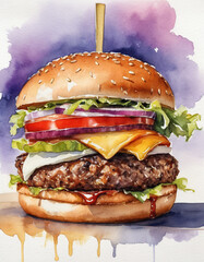 watercolor drawing. Burger. classic American burger, along with its variations, is widely loved worldwide, symbolizing fast food culture.