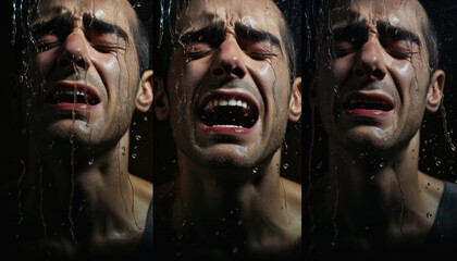 Crying sad person and tears concept surreal triptych composition background
