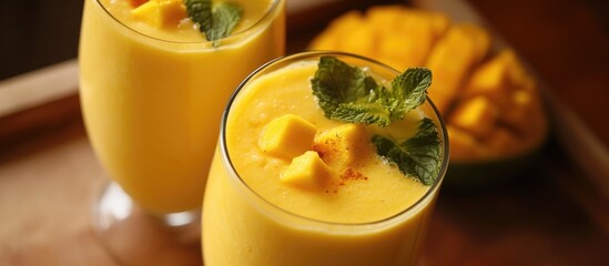 Mango lassi is a popular cold drink in India made with yogurt, water, spices, and sometimes mango. - obrazy, fototapety, plakaty
