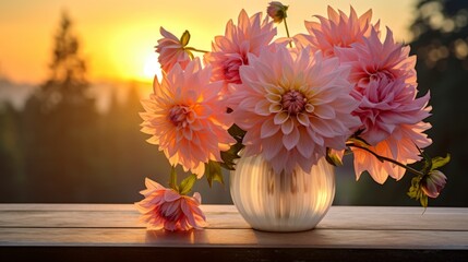 Dahlia flowers in a vase with sunset background