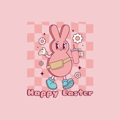 cute retro illustration of chocolate bunny walking and holding a thermos for easter
