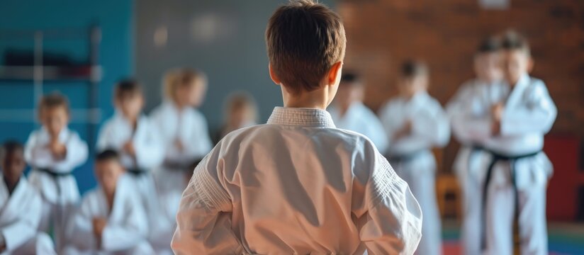 Latin martial arts instructor teaching children taekwondo or karate from the back.