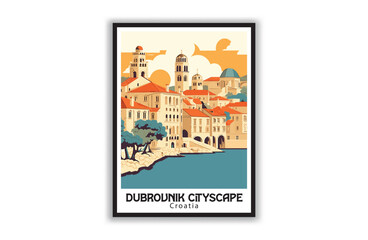 Dubrovnik Cityscape, Croatia. Vintage Travel Posters. Famous Tourist Destinations Posters Art Prints Wall Art and Print Set Abstract Travel for Hikers Campers Living Room Decor